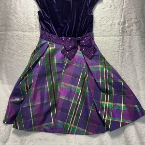 Girls Bonnie Jean Purple Velvet & Gold Metallic Plaid Dress w/ Sequin Bow Sz 10